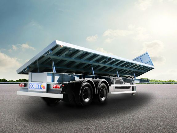 La semi-remorque plateau biverse COMET est destin&eacute;e au transport exceptionnel de produits sid&eacute;rurgiques d&eacute;chargeables par benneage lat&eacute;ral